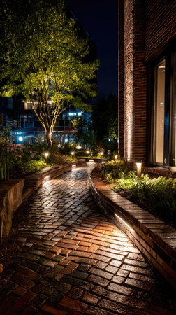 A nighttime scene features a brick pathway illuminated by soft lighting, guiding the eye through a meticulously landscaped garden. The composition highlights a building's architectural elements and lush greenery. This image might be suitable for architectural, travel, or lifestyle publications and commercial projects.の素材