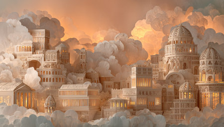 An ethereal cityscape floats amidst fluffy clouds, illuminated by warm, golden light. Buildings with classical architecture are featured, creating a dreamlike atmosphere. The composition emphasizes depth with layers of structures. This image could be suitable for various creative projects, including fantasy illustrations and conceptual design.の素材