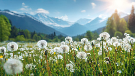 A field of white dandelions blossoms under a clear blue sky, set against a backdrop of majestic mountains. The composition features a shallow depth of field, highlighting the fluffy seed heads and green grass. The sunlight creates a warm atmosphere, suggesting outdoor activity and natural beauty, useful for various commercial applications.の素材