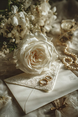 This photograph displays a close-up of a white rose with gold rings placed on a delicate envelope. Soft lighting illuminates the scene, highlighting the textures of the flower and the paper. Other elements include a pearl necklace and floral arrangements. Suitable for romantic themes or editorial use.の素材