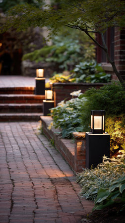 The image features a brick pathway leading through a garden with decorative lanterns. The scene showcases lush greenery, with soft lighting illuminating the pathway and surrounding plants. The composition suggests an outdoor setting, potentially for landscaping or home decor concepts. It could be used for various editorial or commercial purposes.の素材