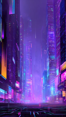 An illustration depicts a futuristic city with towering skyscrapers bathed in vibrant neon lights. The composition highlights a perspective view of the urban landscape. Colors feature a dominant palette of purple and blue hues, creating a sense of energy. This image can be used for technology, design projects, and creative visuals.の素材