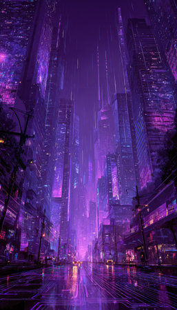 An illustration depicts a futuristic city bathed in purple hues. Tall skyscrapers dominate the scene, enhanced by vertical streaks of light. The composition features reflections on a wet surface, suggesting a nighttime setting. This artwork could be used for science fiction themes, digital art projects, and creative editorial content.の素材
