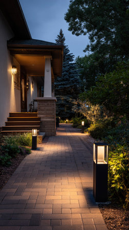 An evening scene depicts a paved walkway leading to a house. Modern landscape lighting illuminates the path and surrounding greenery. Warm-toned lighting contrasts with the cooler tones of the twilight sky. This image could be used for architectural, real estate, or lifestyle themes.の素材