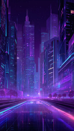 A digital illustration showcases a futuristic cityscape bathed in neon hues. Tall buildings reach towards the night sky. The artwork is characterized by a vibrant palette of purple and blue. The composition creates a sense of depth and perspective. Suitable for various creative projects and editorial purposes.の素材