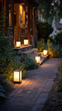 A pathway is illuminated by square lanterns, leading toward a house. Warm light contrasts with the surrounding greenery and twilight ambiance. The brick walkway and wooden porch create a sense of invitation. This scene is suitable for use in design projects, advertising, or articles on home decor and lifestyle.の素材