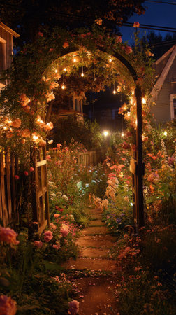 A nighttime garden scene features an arched entrance adorned with glowing lights and blooming flowers. Soft textures and warm colors create an inviting atmosphere. The composition includes a pathway leading toward a distant house. This image could be used for various purposes, including editorial content or promotional materials.の素材