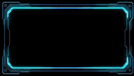 A digital graphic showcases a neon-glowing rectangle frame against a dark backdrop. The frame's edges feature geometric patterns with a blue-green hue. The visual style suggests technology and digital interfaces. This could be used in design projects, virtual displays, or presentations.の素材