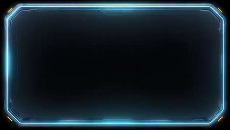 This image showcases a digital interface panel with a dark background. The panel features a rectangular shape with rounded corners and illuminated edges in bright blue. The overall design suggests a technological or digital environment. This graphic is suitable for various commercial uses, including website design or editorial projects.の素材