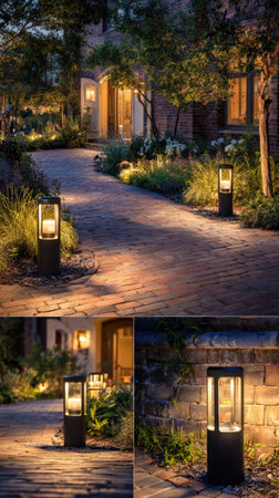 A well-lit pathway guides the viewer towards a building at dusk. Contemporary cylindrical lights with warm illumination line the brick path. The scene showcases a combination of greenery and architecture, creating a cozy and welcoming ambiance. This image can be used for residential design or hospitality projects.の素材