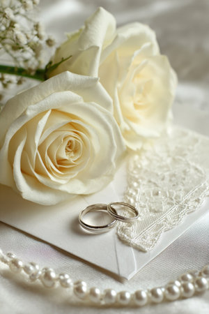 Two creamy white roses rest on a delicate, lacy envelope, alongside two silver rings and a string of pearls. The image features soft lighting and a shallow depth of field, emphasizing the textures. This composition creates a romantic feel. Suitable for projects related to weddings, invitations, or celebrations.の素材