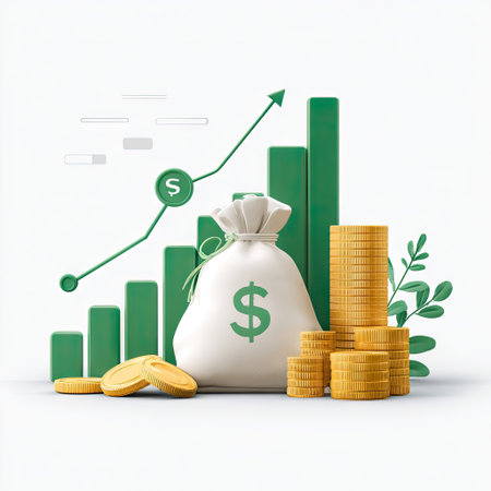 A visual representation of financial success features a money bag, stacks of coins, and a rising graph. The illustration uses shades of green and gold against a clean white backdrop. This image could be used in finance, investment, or business-related advertising or editorial content to illustrate concepts of wealth and earnings.の素材
