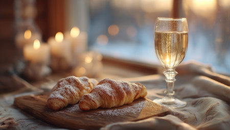 Two golden croissants sit on a wooden board next to a wine glass filled with a sparkling beverage. The scene is illuminated by soft light and blurred candles in the background. This image could be used for various commercial projects related to food, lifestyle, or culinary themes.の素材