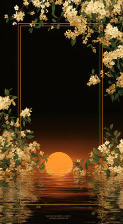 A tranquil scene features a sunset reflected on water framed by floral elements. The composition includes an orange sun, dark background, and golden flowers. This image offers a blend of natural beauty and graphic design elements suitable for diverse applications.の素材