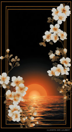 White flowers with yellow centers adorn elegant branches that frame a vibrant sunset. The composition features a reflective body of water mirroring the orange and gold hues of the sky. This digital illustration could be used in design projects, adding a touch of nature and serenity.の素材