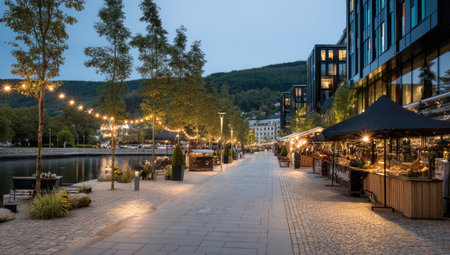 A twilight scene depicts a paved street lined with illuminated trees and market stalls. Buildings border the scene under a darkening sky. Overhead string lights cast a warm glow. This image could be used for commercial projects or editorial content needing a sense of atmosphere and ambiance.の素材