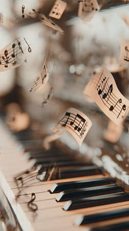 Musical notes float above a piano keyboard, creating a dynamic visual. The image showcases sheet music with black notes against a beige background. Soft lighting and a shallow depth of field provide a gentle aesthetic. Suitable for editorial purposes and commercial designs related to music and performance.の素材