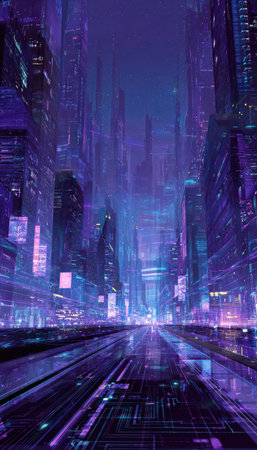 An illustration depicts a futuristic city with towering structures and vibrant neon lighting. The image showcases a digital art style with a strong sense of depth and perspective. The scene likely represents a technological or science fiction concept, suitable for various editorial and commercial applications, including book covers and digital art projects.の素材