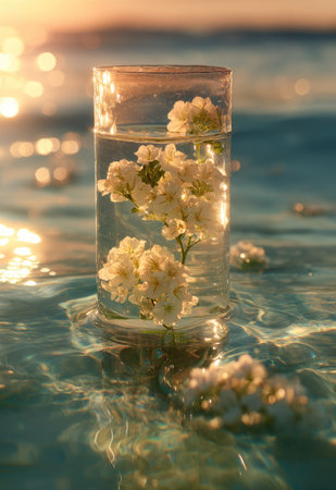 A glass jar filled with white flowers floats in clear water, capturing the sunlight. The composition features a serene arrangement, highlighting the delicate textures of the petals. The lighting suggests a day setting, with soft reflections enhancing the overall aesthetic. Suitable for various creative and illustrative applications.の素材