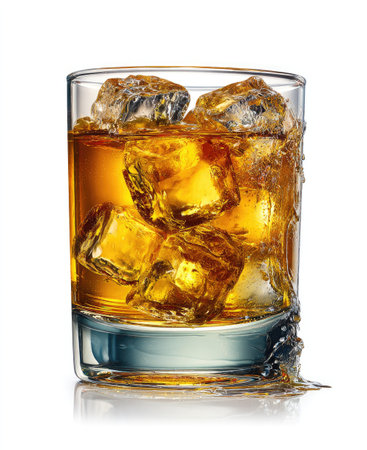 A clear glass filled with a golden brown liquid and several large ice cubes is set against a white backdrop. The beverage displays a warm hue, suggesting a possible alcoholic drink. The composition uses overhead lighting, creating bright highlights and shadows. This image is suitable for various commercial uses, including advertising and editorial content.の素材