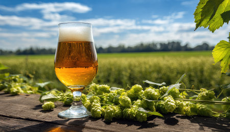 A glass of beer is presented on a wooden surface surrounded by fresh hops. The composition showcases golden liquid and foamy head. The background features a green field under a clear blue sky. This imagery is suitable for advertising, illustrating articles, or other commercial purposes.の素材