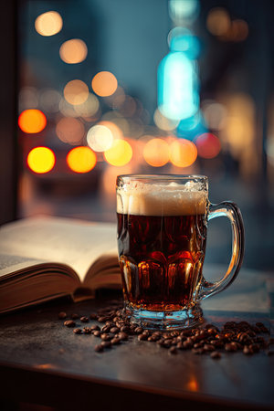 A glass of beer sits on a table next to an open book and scattered coffee beans. The amber liquid has a foamy top, while the background exhibits blurred city lights. The image displays warm tones and is suitable for advertising content or editorial purposes.の素材