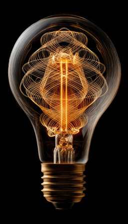 An illuminated lightbulb features intricate golden internal lines against a dark backdrop. The composition showcases a detailed glass bulb and metallic base. This image uses overhead lighting and highlights the interplay of light and shadow, suitable for various creative or illustrative projects.の素材