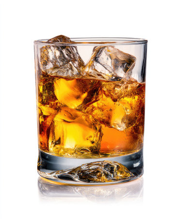 A close-up shot features a clear glass filled with a golden-hued liquid and numerous ice cubes. The composition highlights the transparency of the glass and the textured ice. The lighting suggests a bright environment, and the image could be used for beverage advertisements or editorial content.の素材