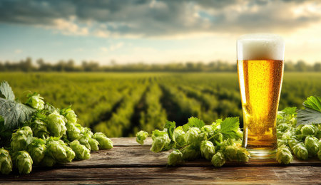 A glass of beer sits on a wooden surface, accompanied by fresh green hops. The composition features a blurred background of agricultural fields under a bright sky. The image uses warm lighting, suggesting a natural outdoor setting, and can be used for various commercial or advertising purposes.の素材