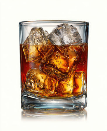A clear glass filled with amber-colored liquid and large, irregularly shaped ice cubes is featured. The composition displays strong overhead lighting against a white backdrop, emphasizing the drink's textures and colors. This image could be used for various commercial projects related to beverages or bar scenes.の素材