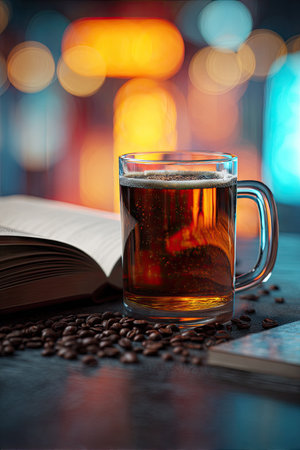 A glass mug filled with a dark beverage sits on a surface surrounded by coffee beans and a book. The image showcases a warm color palette with bokeh in the background. This composition suggests a cozy indoor environment, ideal for various commercial and illustrative projects, emphasizing relaxation and refreshment.の素材