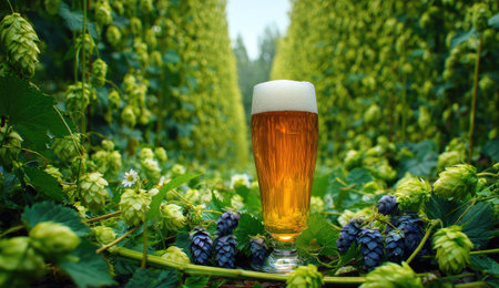 A tall glass of beer stands prominently amidst a vibrant field of green hops. The image showcases a bright, clear ale, complemented by the lush texture of the hop plants. The composition uses natural light creating a dynamic depth of field. This image would be suitable for commercial use related to beverages or the brewing industry.の素材