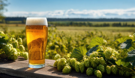 A glass of beer stands on a wooden surface against a backdrop of a hops field and blue sky. The beer is a clear amber color with a frothy white head. Lush green hops plants are in the foreground. The image has soft lighting suitable for commercial and editorial purposes.の素材