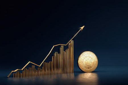 A golden graph depicting growth with an upward arrow accompanies a gold coin on a dark, reflective surface. The image showcases a financial or economic concept, with a focus on investment or value increase. This style could be used for various commercial or editorial needs.の素材
