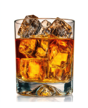A glass filled with amber liquid and numerous ice cubes is set against a white background. The composition highlights the clarity of the ice and the rich color of the beverage. The lighting accentuates the textures within the glass, suitable for various commercial uses.の素材