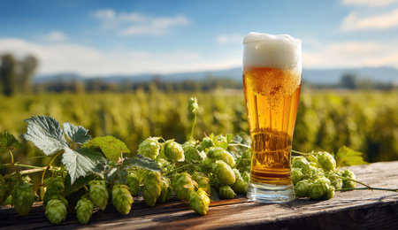 A tall glass of beer with a frothy head sits beside fresh green hop cones on a weathered wooden surface. The golden liquid contrasts with the green foliage, set against a blurred landscape of fields and a blue sky. The image suggests refreshing beverages and culinary themes, suitable for advertising or editorial content.の素材