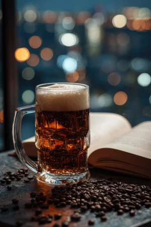 This image presents a full glass of beer alongside coffee beans and an open book. The scene features a clear glass with a light-colored foam and dark beer. The background includes blurred lights creating a bokeh effect, suggesting an indoor setting. Ideal for commercial applications.の素材