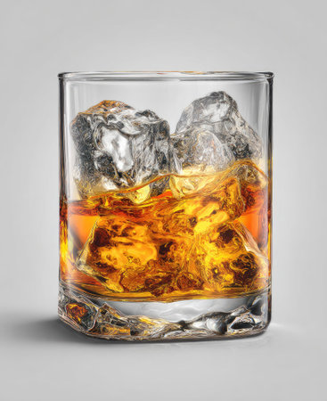 A close-up shot presents a glass filled with whiskey and ice. The amber liquid contrasts with the transparent ice cubes. The composition highlights the drink's texture and color, set against a softly lit backdrop. The image is suitable for various promotional and advertising applications.の素材