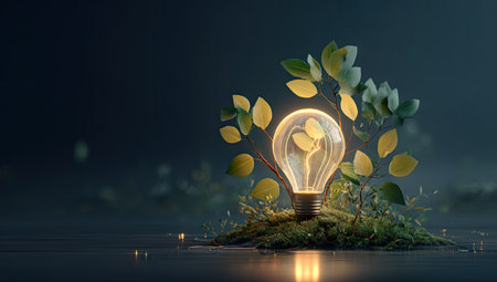 An illuminated lightbulb showcases leaves, representing nature and ecological sustainability. The image features soft lighting and a dark background creating a dramatic contrast. Suitable for environmental or technology related design projects, it could be used for promoting green energy and eco-conscious concepts. The composition is balanced, suggesting growth and innovation.の素材