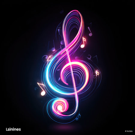 A vibrant treble clef illustration features a neon-style glow, encircled by musical notes. The artwork uses bright shades of pink, blue, and purple set against a dark, contrasting background. The digital art piece conveys music through light and form, suitable for various design applications and commercial projects.の素材
