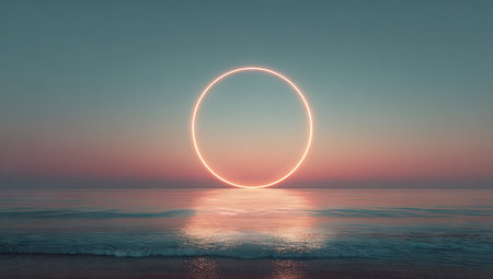 An illuminated circle floats above the ocean horizon, reflecting in the water below. The image features a gradient of colors from pink to blue. The composition is a minimalist landscape with soft lighting, suggesting a tranquil and serene environment. This image could be used for various design projects.の素材