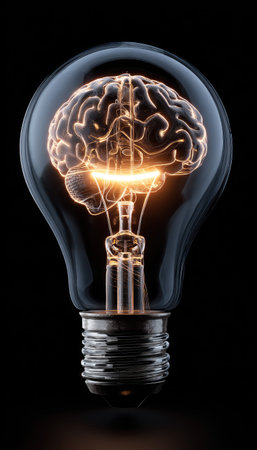 A close-up image showcases a light bulb with a glowing brain inside. The brain is illuminated with golden light, contrasting with the dark background. The composition features a vertical orientation with soft lighting, highlighting the concept of an idea. It may be used for various commercial projects related to creativity.の素材