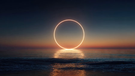An illuminated circular element hovers above a tranquil body of water, mirroring in the surface. The scene is bathed in warm hues of orange and blue, creating a peaceful atmosphere. This visual could be used for conceptual or artistic projects, or it might serve as a background illustration.の素材