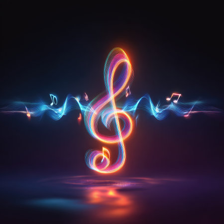 An illuminated treble clef, rendered in vibrant neon hues, takes center stage against a dark backdrop. The composition features stylized musical notes and flowing lines, suggesting sound waves. The artwork uses dynamic lighting and a reflective surface, and it would be suitable for various commercial or artistic applications.の素材