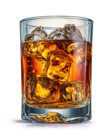 A glass filled with a brown, transparent liquid and ice cubes is centered against a clean white backdrop. The beverage displays a warm amber hue, while the ice cubes have a crystalline appearance. The lighting highlights the textures and reflections, suitable for various promotional and advertising applications.の素材