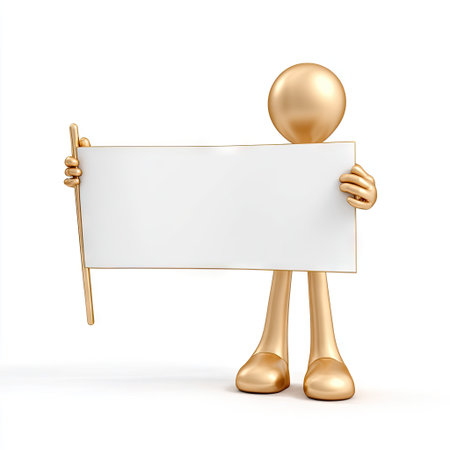 A golden figure holds a white rectangular sign, isolated against a white backdrop. The figure has a smooth, metallic appearance with simple shapes. The lighting is bright and even, casting soft shadows. The composition is clean and focused, suggesting commercial applications and promotional uses in a design.の素材