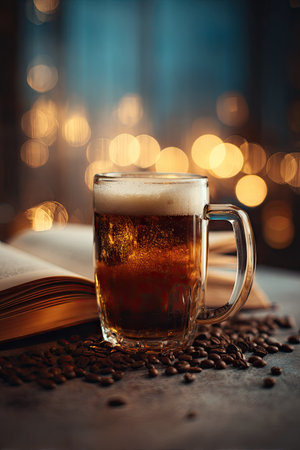 A glass of beverage with foamy head is shown, placed on a surface scattered with coffee beans. The drink exhibits shades of brown. The image employs soft lighting and a blurred background of warm, circular lights. This composition could be used for lifestyle content and beverage promotion purposes.の素材