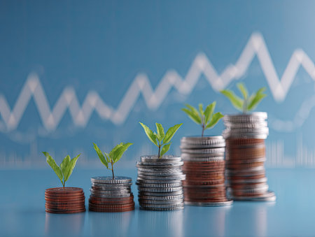 The image features stacks of coins with small green plants emerging from the top. A financial graph is subtly visible in the background, set against a soft blue gradient. The composition emphasizes growth and financial progress, suitable for articles and advertising related to finances.の素材