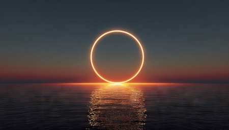 A radiant circular light source rests upon a calm body of water, mirroring in the ripples below. The warm glow contrasts the cool gradient of the sky. This abstract image evokes feelings of serenity and could be suitable for various commercial or artistic applications.の素材