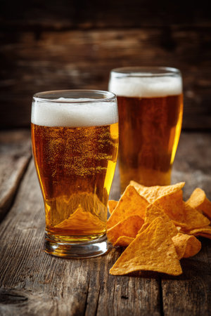 Two glasses of beer stand prominently alongside a pile of chips on a textured wooden table. The beer showcases a golden hue, complemented by the warm lighting, while the chips display a rich, appetizing texture. This image is suitable for various commercial uses, including food and beverage promotions.の素材